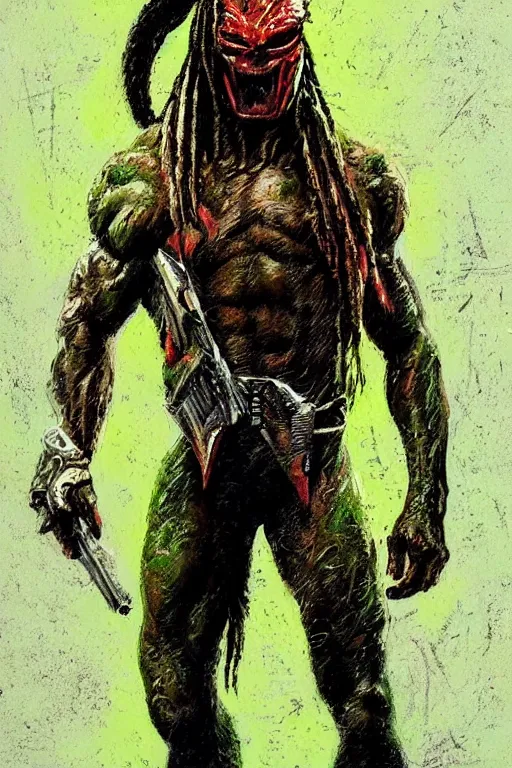 Image similar to pierre emmanuel saubade turned into the predator from 1 9 8 6 movie, artstation, concept art, smooth, sharp focus ilustration hq, painting in the style of leroy neiman, green tones