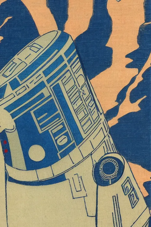 Image similar to Japanese woodblock print of r2d2, hokusai