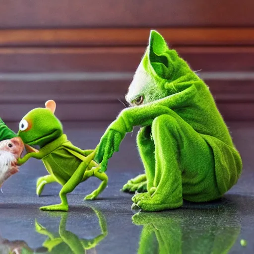 Prompt: kermit and yoda killing hamsters