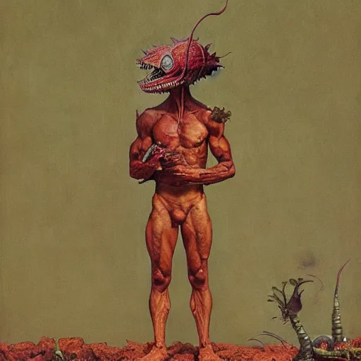 Prompt: Ripped Physique Portrait of a Venus Flytrap Guy wearing a Venus Flytrap costume plant disguised as a human standing atop a red clay pot greg rutkowski anna podedworna arthur rackham salvador dali octavio ocampo jacek yerka winslow homer norman rockwell inio asano prismacolor tombow quill