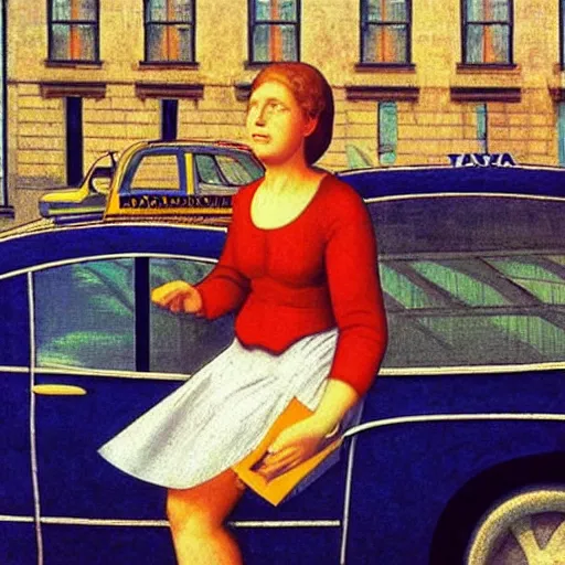 Prompt: a woman hails a taxi by Raphael, Hopper, and Rene Magritte. detailed, romantic, enchanting, trending on artstation.