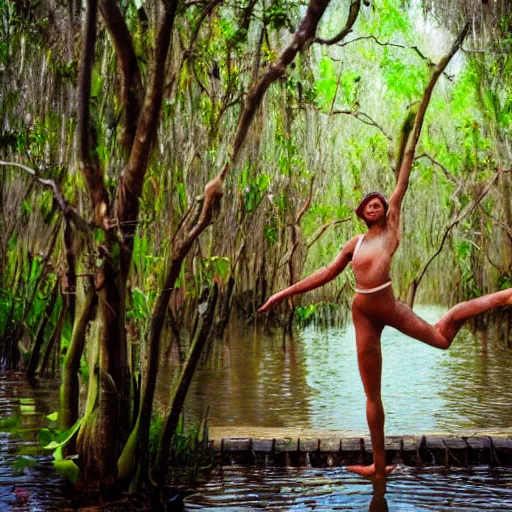 Image similar to a dancer made of wet clay in a mangrove swamp, cinematic light, beautiful dreamy lighting,