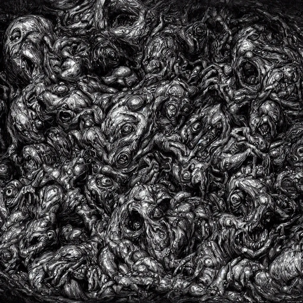 Image similar to a huge monster from dark oily gelatinous substance, with hundreds of faces just below the surface, covered in human eyes, ominous, dark lighting, barely visible from the shadows