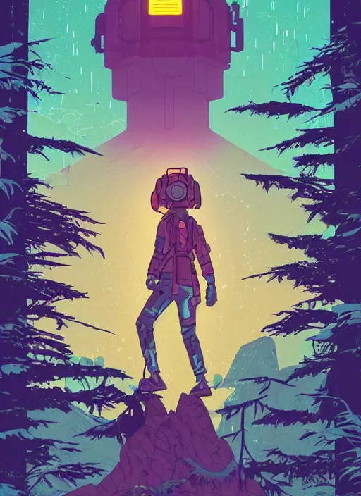 Image similar to an indie game poster of a translucent cyberpunk explorer meditating on an ancient platform in the middle of a dense forest, midnight, risograph by laurie greasley, kawase hasui, josan gonzalez, ghostshrimp, moebius, colourful flat surreal design, in the style of oxenfree, super detailed, a lot of tiny details