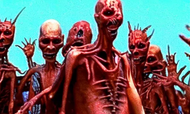 Image similar to full - color cinematic movie still from a 1 9 8 7 horror film by clive barker featuring cenobites welcoming people to the hellish underworld. creepy ; terrifying.