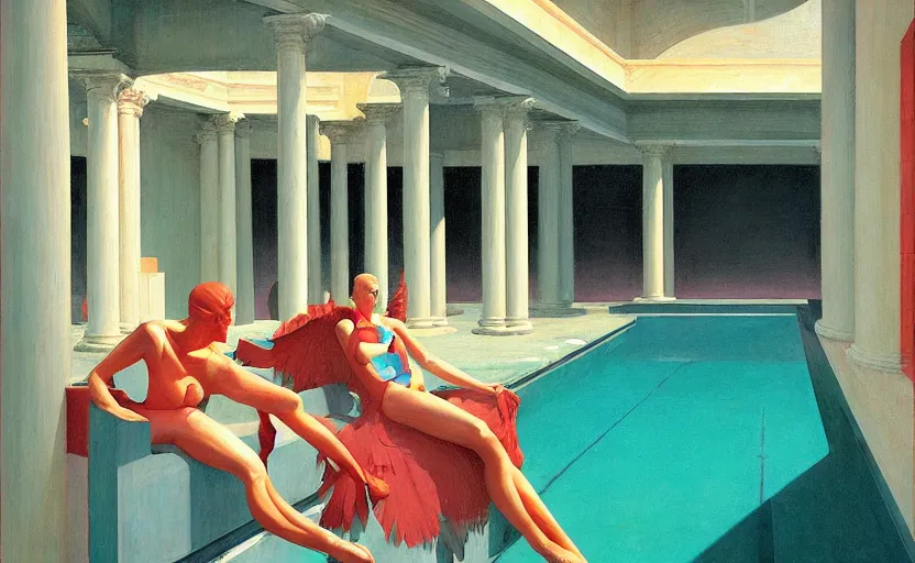 Prompt: Inside a big greek pool goddess, very coherent, painted by Edward Hopper, Wayne Barlowe, painted by James Gilleard, airbrush, art by JamesJean