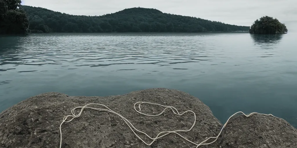 Prompt: centered photograph of a single line of long rope zig zagging snaking across the surface of the water into the distance, floating submerged rope stretching out towards the center of the lake, a dark lake on a cloudy day, color film, beach rocks and trees in the background, hyper - detailed photo, anamorphic lens