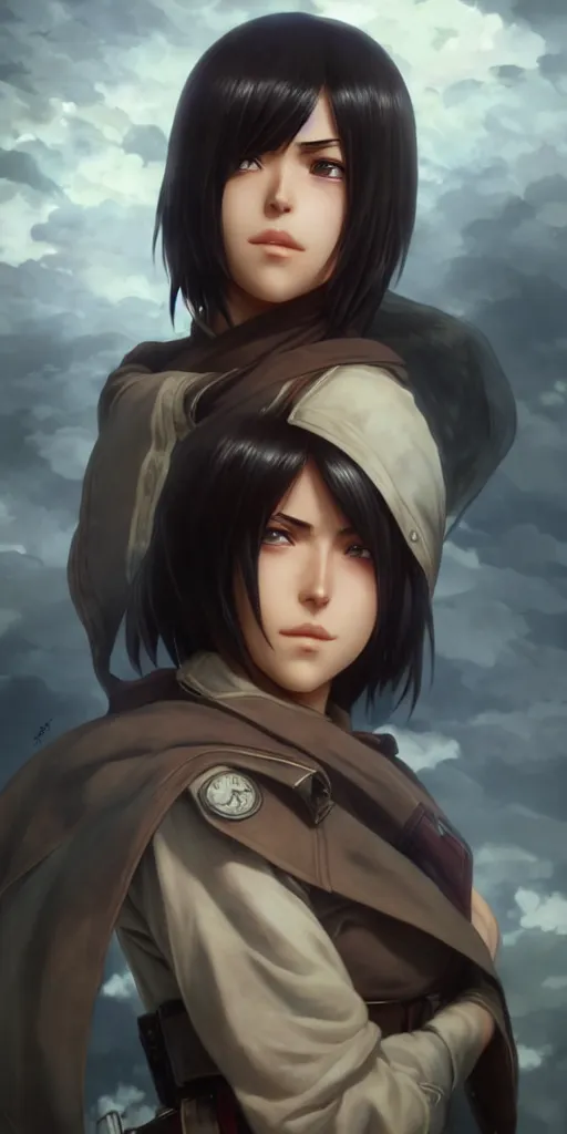 Image similar to mikasa ackerman, hero pose, medium shot, bokeh, beautiful face!!!!, 2 7 years old, cg animation, lifelike, animated, realistic, character select portrait, by artgerm, greg rutkowski, alphonse mucha, 3 d