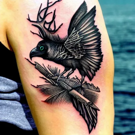 Image similar to surreal image depicting a raven combined with a deer and an owl but is also actually a window into the ocean. Fine line tattoo art. dark fantasy, intricate detail.