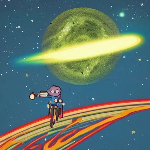 Image similar to Carl Sagan riding a meteor in high speed across the universe.