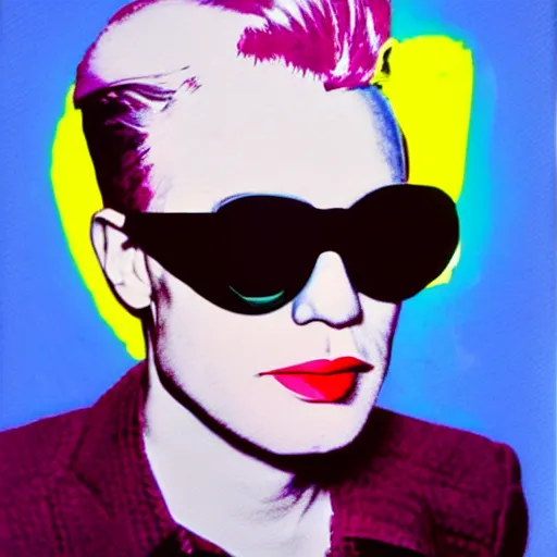 Image similar to Colorized Stylistic Portrait of Andy Warhol with shutter shades and a high top fade pompadour fade short hairstyle, taken in the 1970s, photo taken on a 1970s polaroid camera, grainy, real life, hyperrealistic, ultra realistic, realistic, highly detailed, epic, HD quality, 8k resolution, body and headshot, film still, front facing, front view, headshot and bodyshot, detailed face, very detailed face