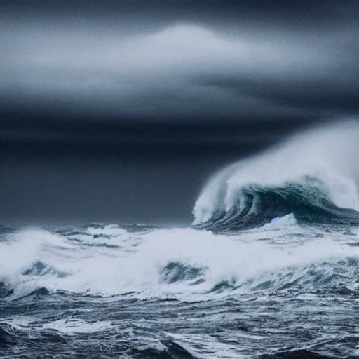 Image similar to dark ocean, towering waves, grey - scale, highly turbulent, deep focus, dark sky, high point of view