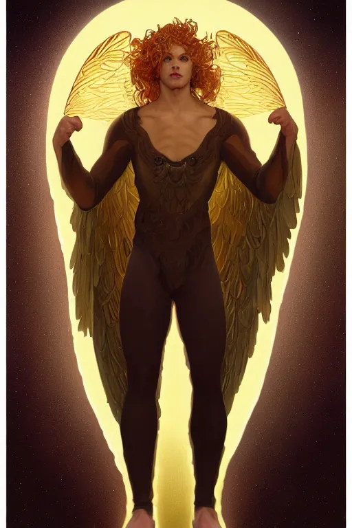 Image similar to symmetrical fullbody portrait of a beautiful young fit male angel with curly blond hairs, fulldressed in long fluent clothes, majestic big red bat wings, luminous fire halo, by greg rutkowski and alphonse mucha, gradient white to gold, in front of an iridescent background, highly detailed portrait, digital painting, artstation, concept art, smooth, sharp focus illustration