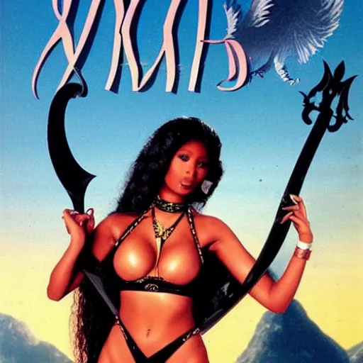 Image similar to 1 9 8 0 s fantasy novel book cover, nicki minaj in a string bikini holds a huge sword ready to fight a dragon