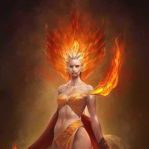 Image similar to A beautiful painting of a flame goddess by Andrews Esao, fantasy, Trending on artstation.