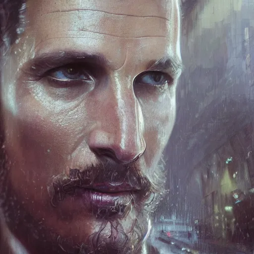 Image similar to matthey mcconaughey, hyperrealistic portrait, bladerunner street, art of elysium by jeremy mann and alphonse mucha, fantasy art, photo realistic, dynamic lighting, artstation, poster, volumetric lighting, very detailed face, 4 k, award winning