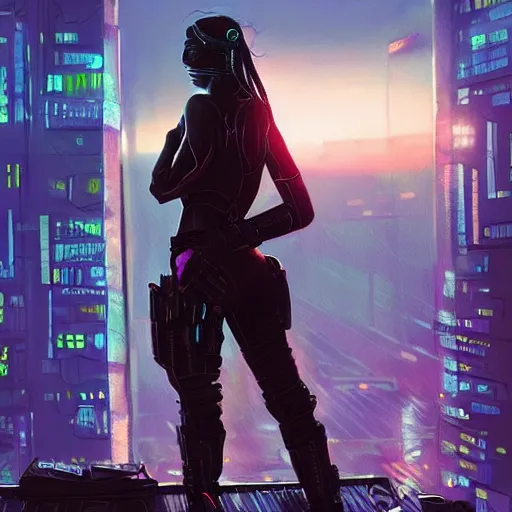 Prompt: beautiful cyberpunk assassin with night vision goggles, dramatic light, sunset, cyberpunk city in the background, gorgeous view, depth, painted by Soufiane Idrassi, tending on artstation