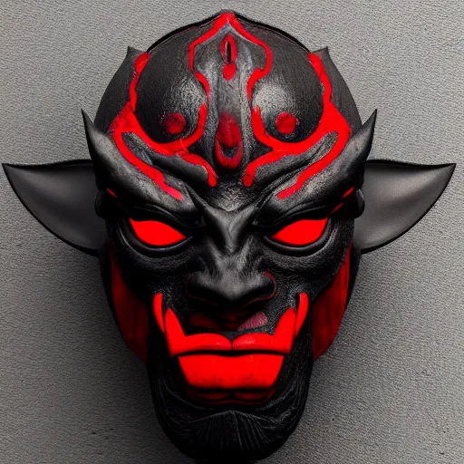 Image similar to Oni mask, mysterious and evocative, black and red details, photorealistic, octane render, highly detailed, 4K, ray tracing, ambient lighting, H 1024