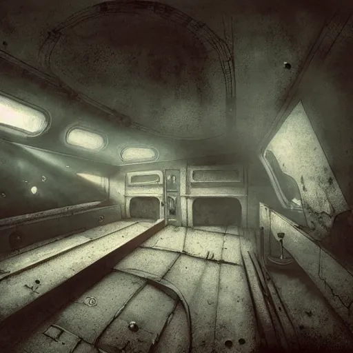 Image similar to inside an narrow quarter room of an abandonned ussr uboat, dim lighting with very small lightrays, comming, concept art, 4 k, hd, art station trending, sergii ivanchenko, sharp and highly detailed