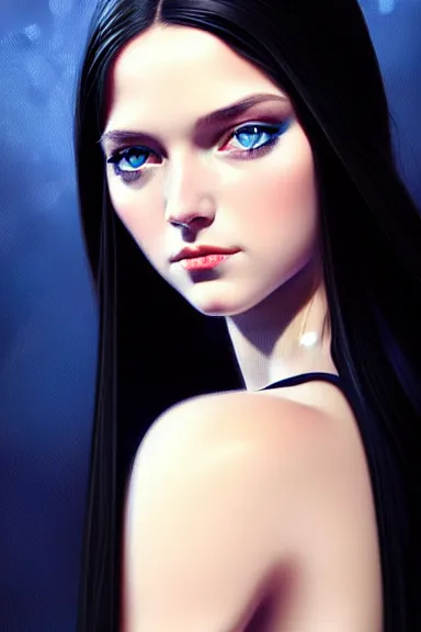 Image similar to portrait of teenage girl with long glossy black hair, blue eyes, glowing skin, fashion model features, fantasy, intricate, elegant, black dress, highly detailed, digital painting, artstation, concept art, smooth, sharp focus, illustration, art by Krenz Cushart and Artem Demura and alphonse mucha