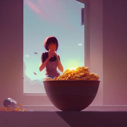 Image similar to highly detailed bowl of oatmeal mixed with cornflakes, stephen bliss, unreal engine, greg rutkowski, loish, rhads, beeple, makoto shinkai and lois van baarle, ilya kuvshinov, rossdraws, tom bagshaw, alphonse mucha, global illumination, god rays, detailed and intricate environment