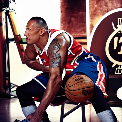 Prompt: commercial photoshoot Dwayne Johnson as NBA player