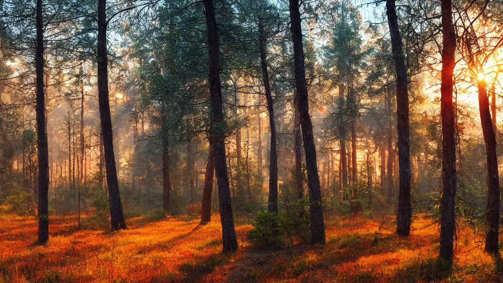 Image similar to forest with park, sunrise, orange glow, by greg rutkowsky and ivan shishkin,