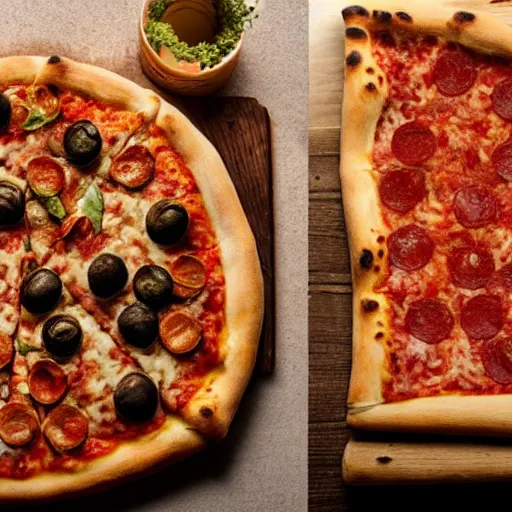 Prompt: a pizza and a roman pinsa side by side,studio lighting