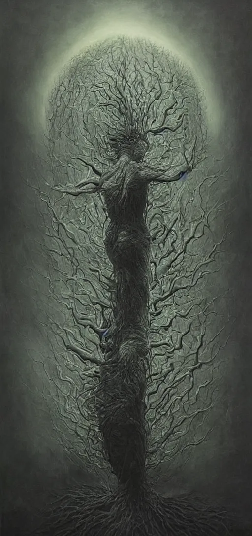 Image similar to black dramatic portrait painting of human with black mandelbrot fractal instead of face, in style of zdzisław beksinski, darkness, horror, body horror, scary,