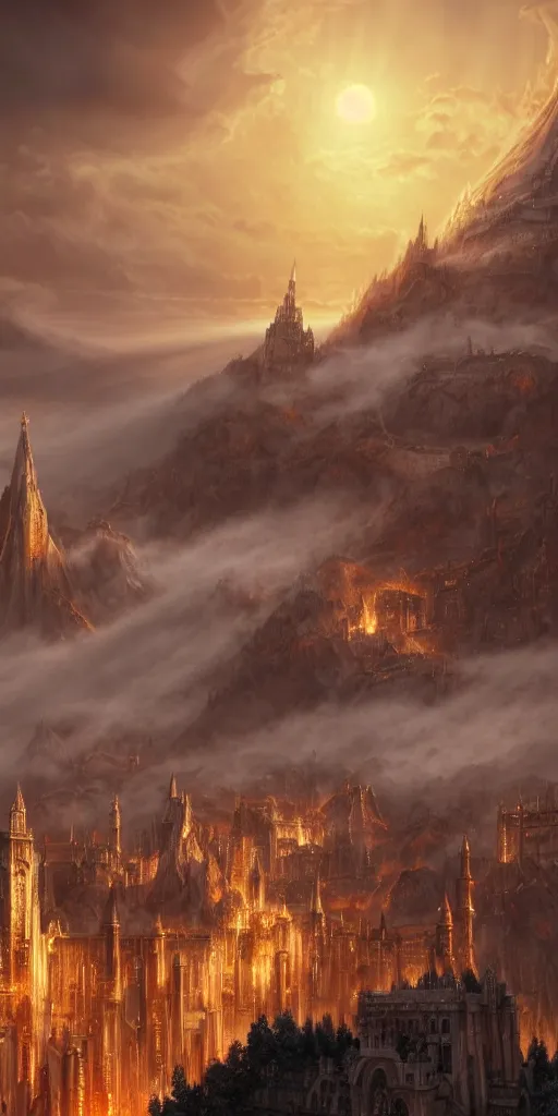 Image similar to beautiful gold fantasy city made from white stone and bright copper built on the side of a volcano, gondor, misty, red sky, medieval city, metropolis, magic, gorgeous clouds, white marble, god rays, digital art, landscape, fantasy art, octane render, ureal engine, high detail, very realistic, by greg rutkowski. by james gurney