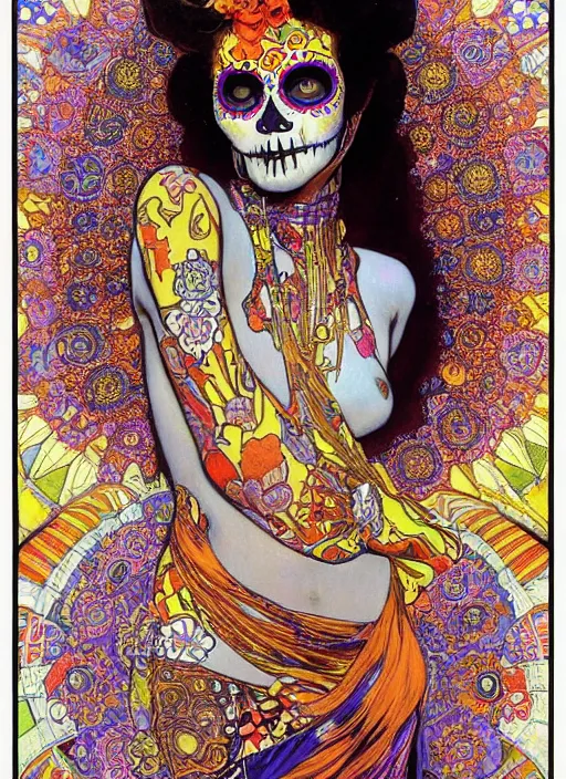 Image similar to realistic detailed psychedelic poster art of a cute punk goth fractal Día de los Muertos girl posing by Victor Moscoso Rick Griffin Alphonse Mucha Gustav Klimt, masterpiece