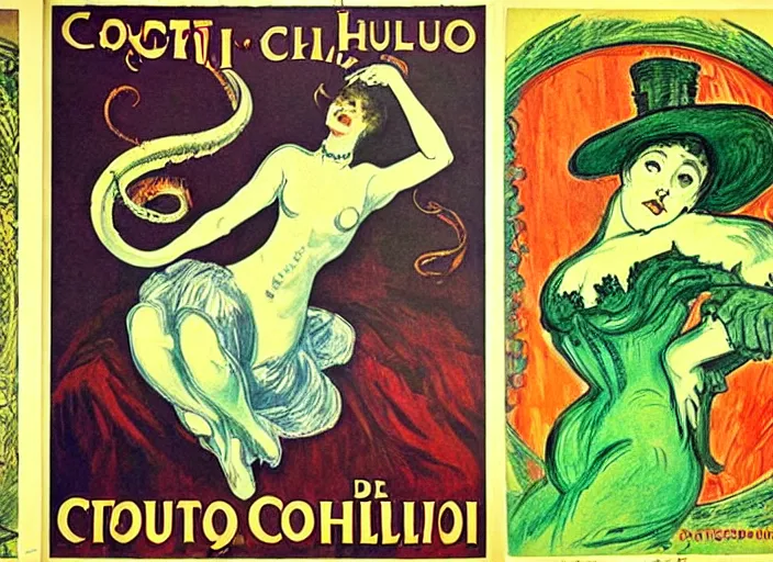 Image similar to promotional posters for Cthulu's debut show in Paris, 19th century, art noveau, fin de siecle, Toulouse Lautrec, absinthe