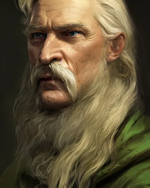 Prompt: half - length portrait of a 8 0 - year - old human male noble with long blonde hair and green eyes, mustache, no beard, medieval setting, detailed face, highly detailed, artstation, concept art, sharp focus, by greg rutkowski, craig mullins, artgerm