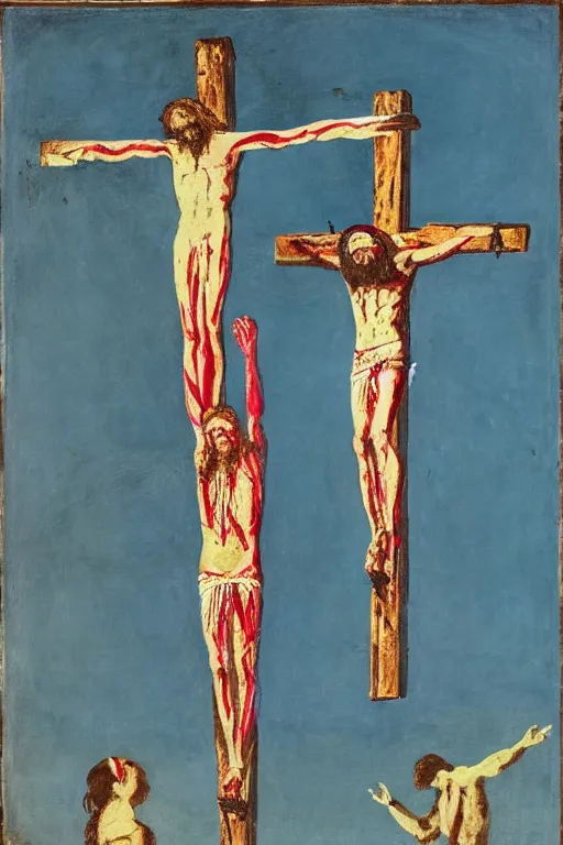 Image similar to bloody christ crucified and some bright ufo in the sky painted by cy twombly and andy warhol