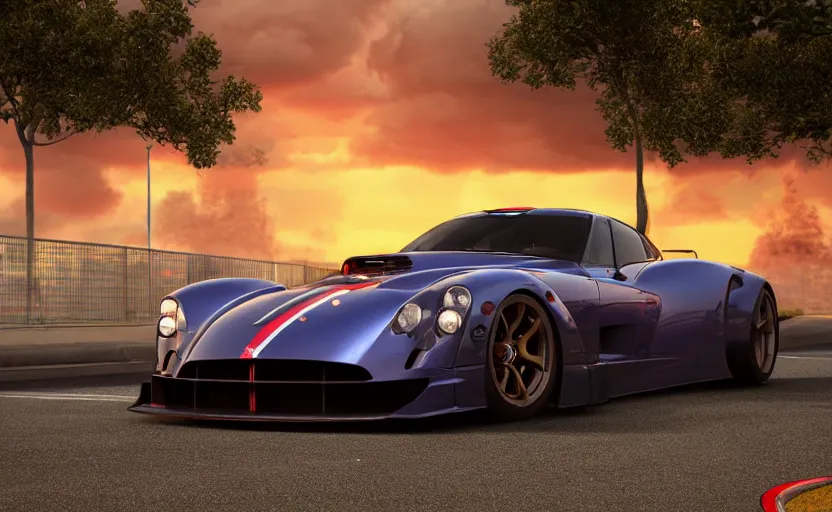 Image similar to a panoz gtr - 1 parked at a drive in movie theater at sunset, concept art, hyperrealistic, octane render, unreal engine 5, path traced, highly detailed, high quality, 8 k, dramatic lighting, cinematic, high coherence, symmetrical, high contrast, lens flare, godrays