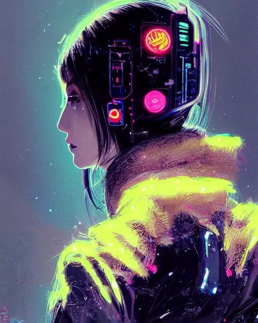 Image similar to detailed side profile portrait Neon Operator Girl, cyberpunk futuristic neon, reflective puffy coat, decorated with traditional Japanese ornaments by Ismail inceoglu dragan bibin hans thoma greg rutkowski Alexandros Pyromallis Nekro Rene Maritte Illustrated, Perfect face, fine details, realistic shaded, fine-face, pretty face