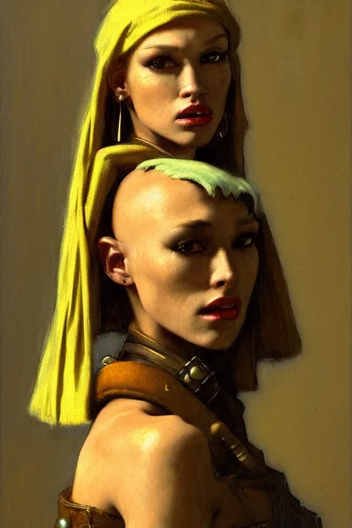 Image similar to full character portrait max mad cyberpunk warhammer 4 0 k, warrior marine the girl with the pearl earring character design, painting by gaston bussiere, katsuya terada, vermeer, frank frazetta, mucha, tom of finland, trending on artstation