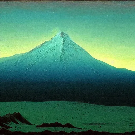 Image similar to mt elbrus, arkhip kuindzhi painting, twilight, teal palette, thus spoke Zarathustra