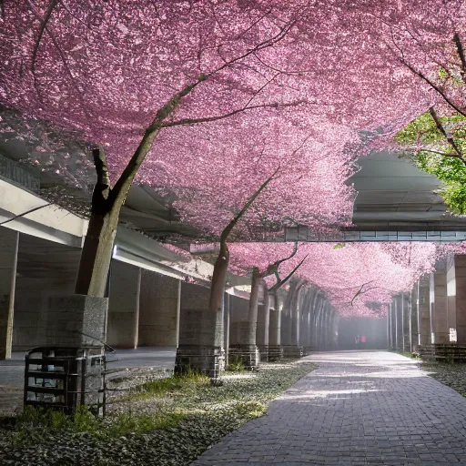 Prompt: volumetric hazy komorebi through cherry blossom trees in an industrial complex of organic architecture