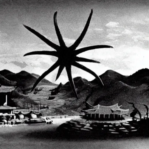 Prompt: a giant Kaiju Starfish Monster over a traditional Korean village, minimal cinematography by Akira Kurosawa, hyperrealistic movie filmstill, film noir, thriller by Fritz Lang