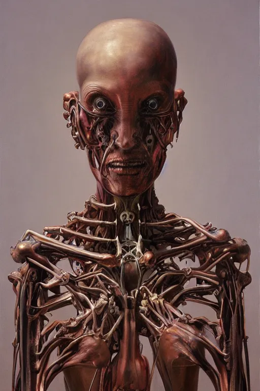 Prompt: beautiful oil painting of biomechanical sculpture of human machine by wayne barlowe, rembrandt, complex, stunning, realistic skin color, 4 k, high res, awardwinning, masterpiece, realistic lighting