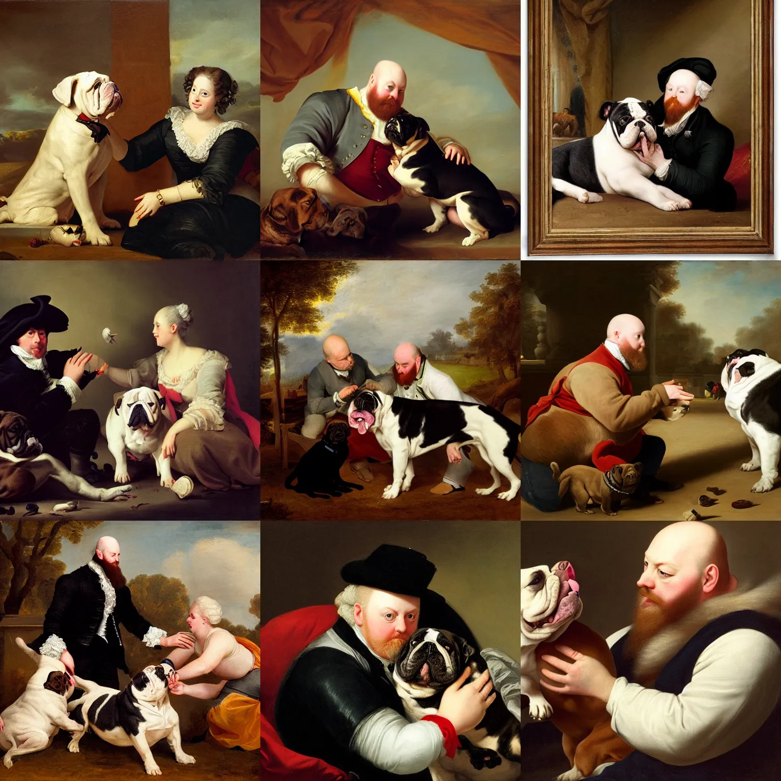 Prompt: playful portrait of angriestpat petting a black fat english bulldog by joseph ducreux