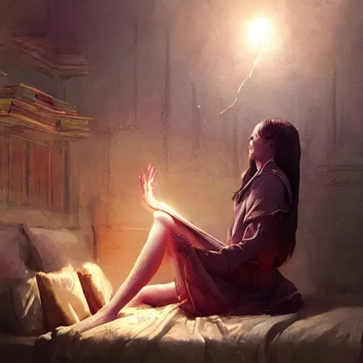 Image similar to A young female wizard, accidentally casting her first spell while practicing in bed, magic crackling from her fingertips, fantasy art by Greg Rutkowski