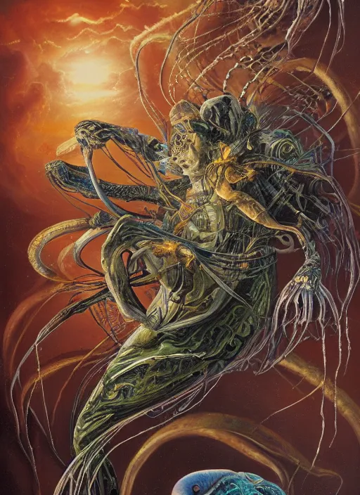 Image similar to an anatomical oil painting of a Harpy jellyfish from a medical journal by Nychos, Julie Bell, Peter Mohrbacher highly detailed, high detail, 8k, storm clouds, birds, dramatic lighting