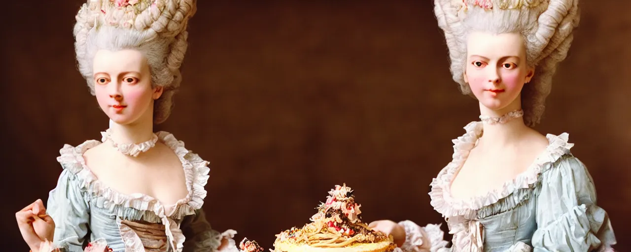 Image similar to marie antoinette in front of a cake made of spaghetti, high detailed face canon 5 0 mm, super detailed face, facial expression, cinematic lighting, photography, retro, film, kodachrome