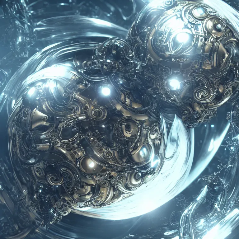 Prompt: swirling abstract cyborg parts and bio - mechanical tendrils and ornate flowing smoke streams and smooth particle effects surround a small metallic sphere, cinematic, unreal engine