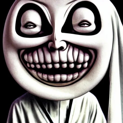 Image similar to A hunched figure wearing white robes with a smiling Greek theater mask, white robes, smiling mask, theater mask, creepy smile, Junji Ito, Junji Ito artwork, Ito Junji art, 4k