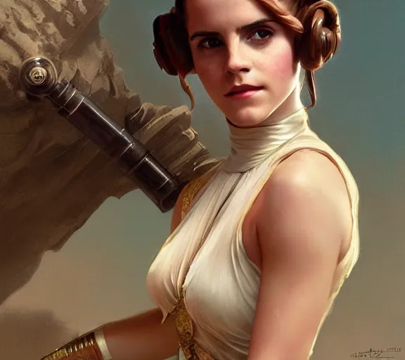 Prompt: photography of a sensual emma watson dressed like princess leia slave girl outfit, deep focus, intricate, elegant, highly detailed, digital painting, artstation, concept art, matte, sharp focus, illustration, art by artgerm and greg rutkowski and alphonse mucha and gil elvgren