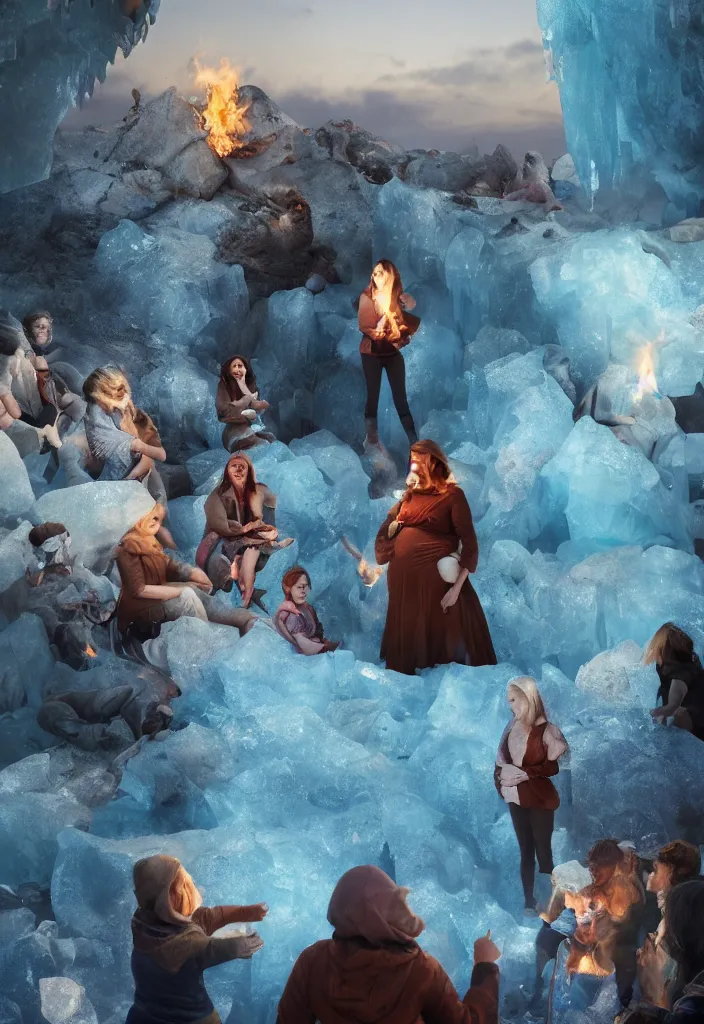 Image similar to epic leader pregnant woman talking to all her tribe around a bonfire, proud people looking at the pregnant woman, ice cave, facinating, fantasy digital art, octane render, beautiful composition, trending on artstation, award - winning photograph, masterpiece