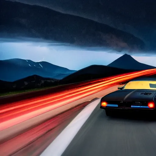 Image similar to black pontiac firebird trans - am driving towards the camera, huge spider creature in the background, norway mountains, valley, lake, dynamic, cinematic, motionblur, volumetric lighting, wide shot, low angle, red glow in sky, large lightning storm